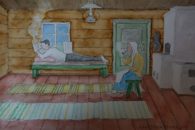 Iita ja piippu, Huuko ja nortti sekä Jerry Cotton, akvarelli 2015 ( Tarinoita Kairalasta -kirja)